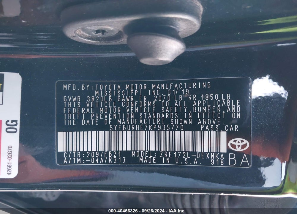 2019 TOYOTA COROLLA LE VIN: 5YFBURHE7KP935770