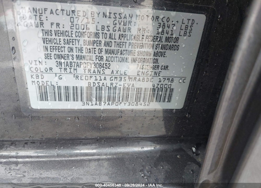 2015 NISSAN SENTRA SR VIN: 3N1AB7AP0FY308452