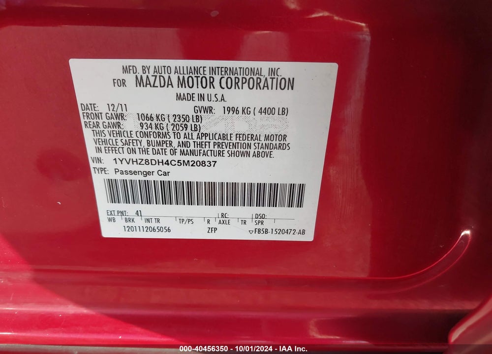 2012 MAZDA 6 I TOURING VIN: 1YVHZ8DH4C5M20837
