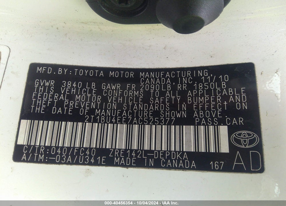 2010 TOYOTA COROLLA LE VIN: 2T1BU4EE7AC525377