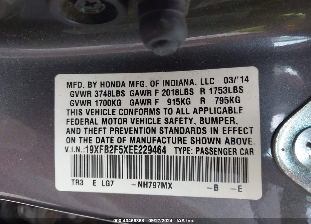 2014 HONDA CIVIC LX VIN: 19XFB2F5XEE229464
