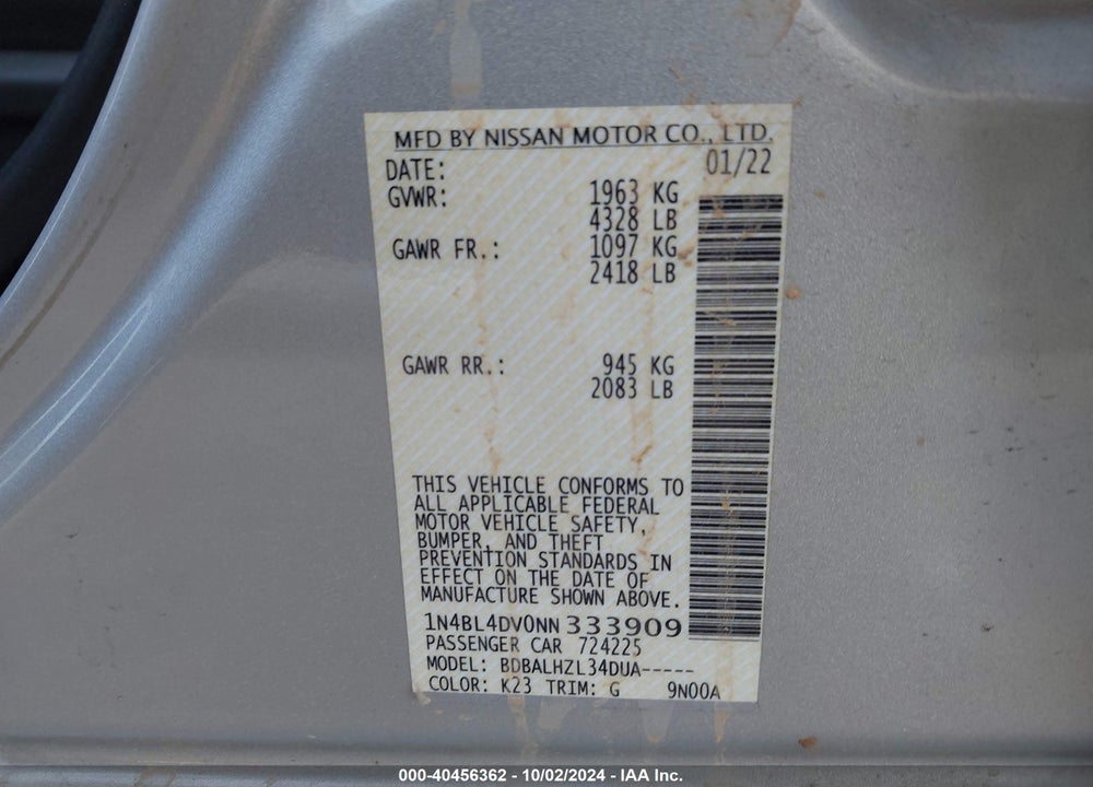 2022 NISSAN ALTIMA SV FWD VIN: 1N4BL4DV0NN333909
