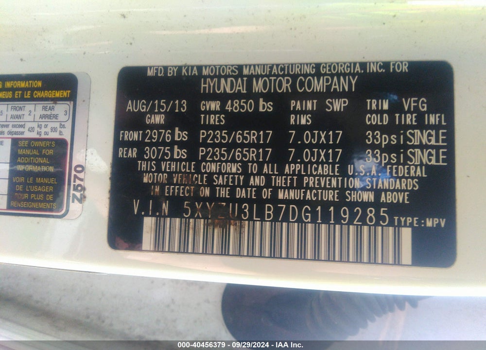 2013 HYUNDAI SANTA FE SPORT VIN: 5XYZU3LB7DG119285