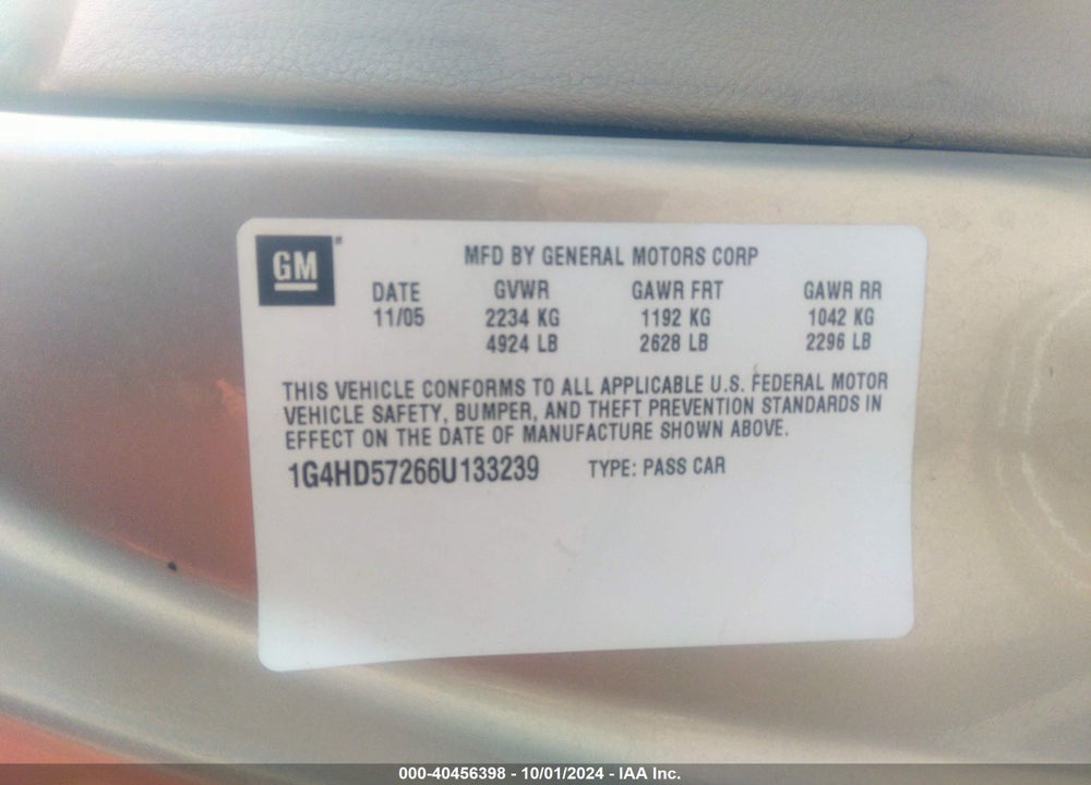 2006 BUICK LUCERNE CXL VIN: 1G4HD57266U133239