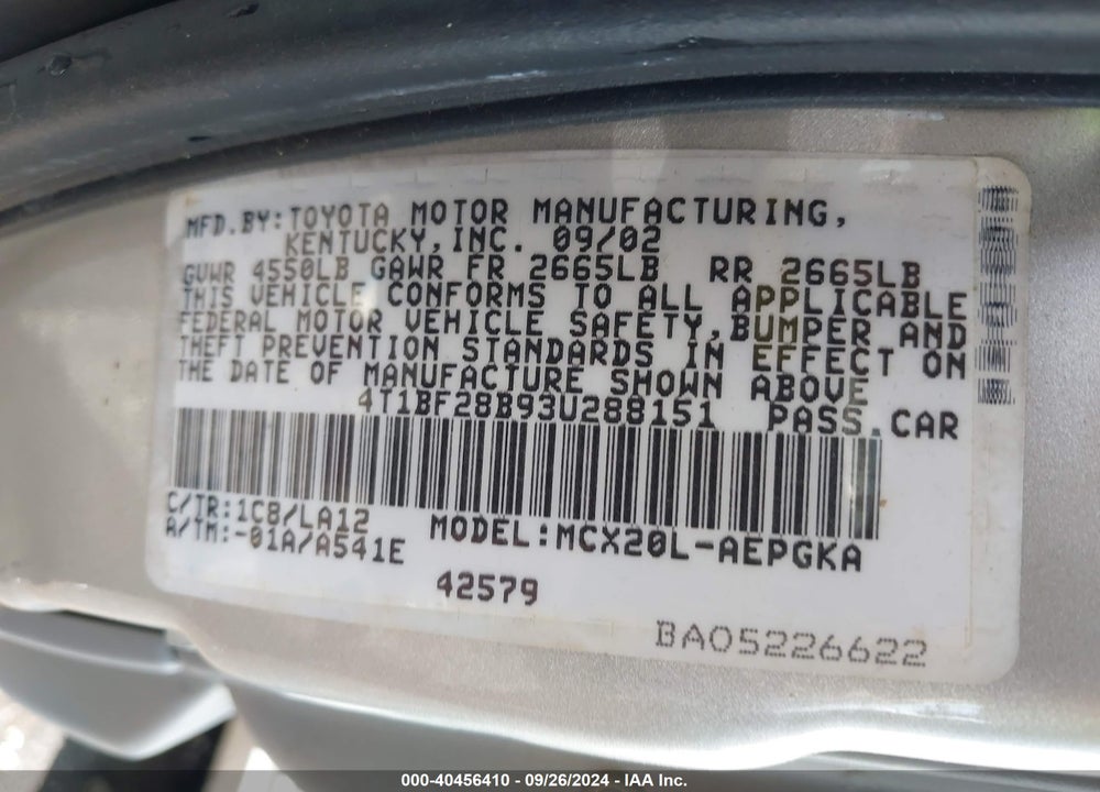 2003 TOYOTA AVALON XLS VIN: 4T1BF28B93U288151