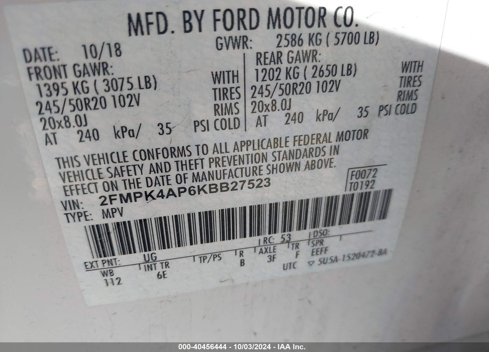 2019 FORD EDGE ST VIN: 2FMPK4AP6KBB27523