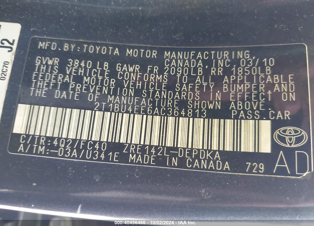 2010 TOYOTA COROLLA LE VIN: 2T1BU4EE6AC364813