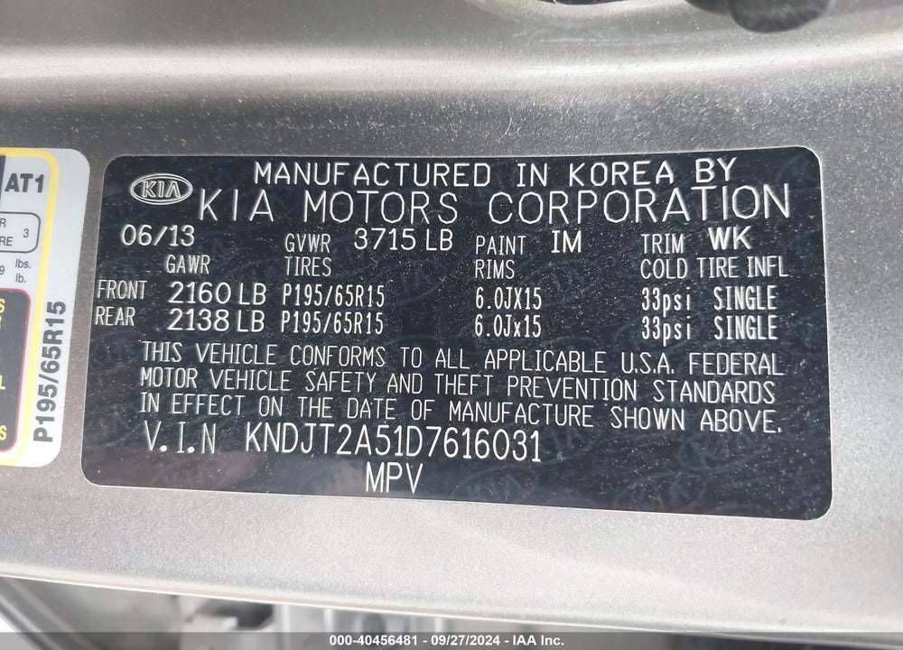 2013 KIA SOUL VIN: KNDJT2A51D7616031