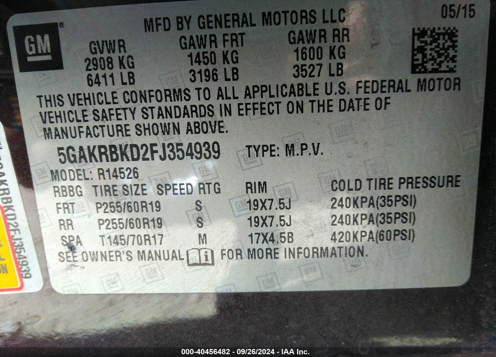 2015 BUICK ENCLAVE VIN: 5GAKRBKD2FJ354939