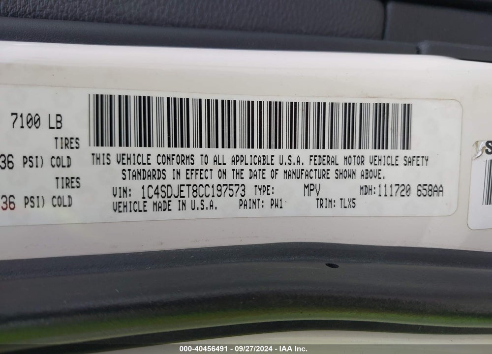 2012 DODGE DURANGO CITADEL VIN: 1C4SDJET8CC197573