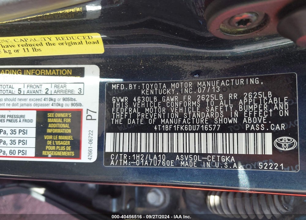 2013 TOYOTA CAMRY XLE VIN: 4T1BF1FK6DU716577