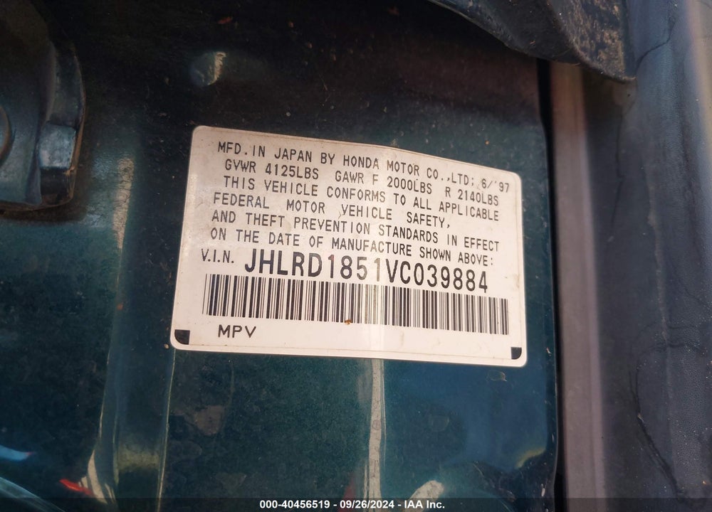 1997 HONDA CR-V VIN: JHLRD1851VC039884