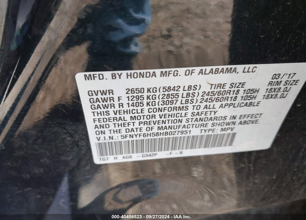 2017 HONDA PILOT EX-L VIN: 5FNYF6H58HB027951