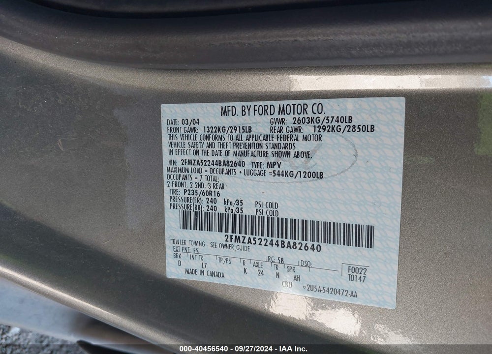 2004 FORD FREESTAR SEL VIN: 2FMZA52244BA82640