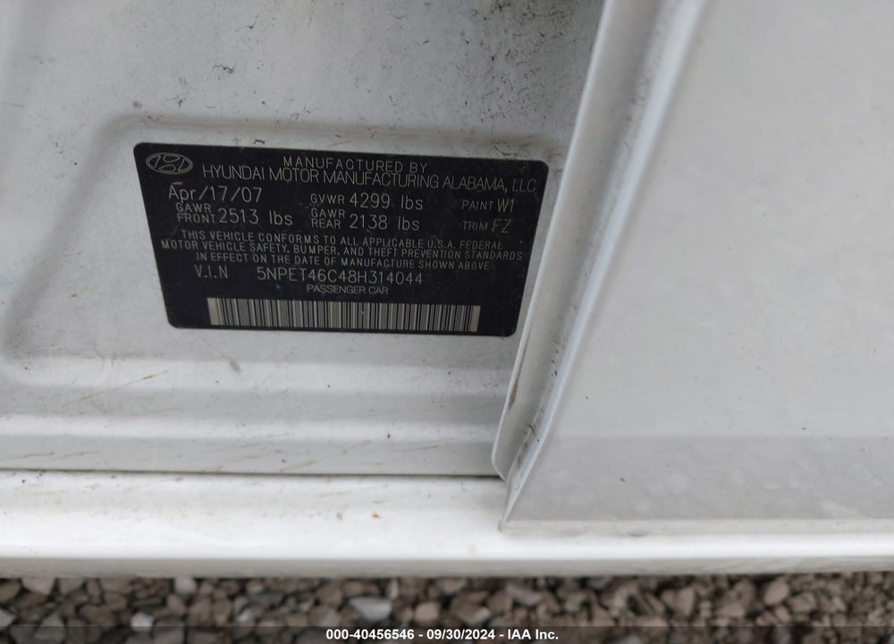 2008 HYUNDAI SONATA GLS VIN: 5NPET46C48H314044