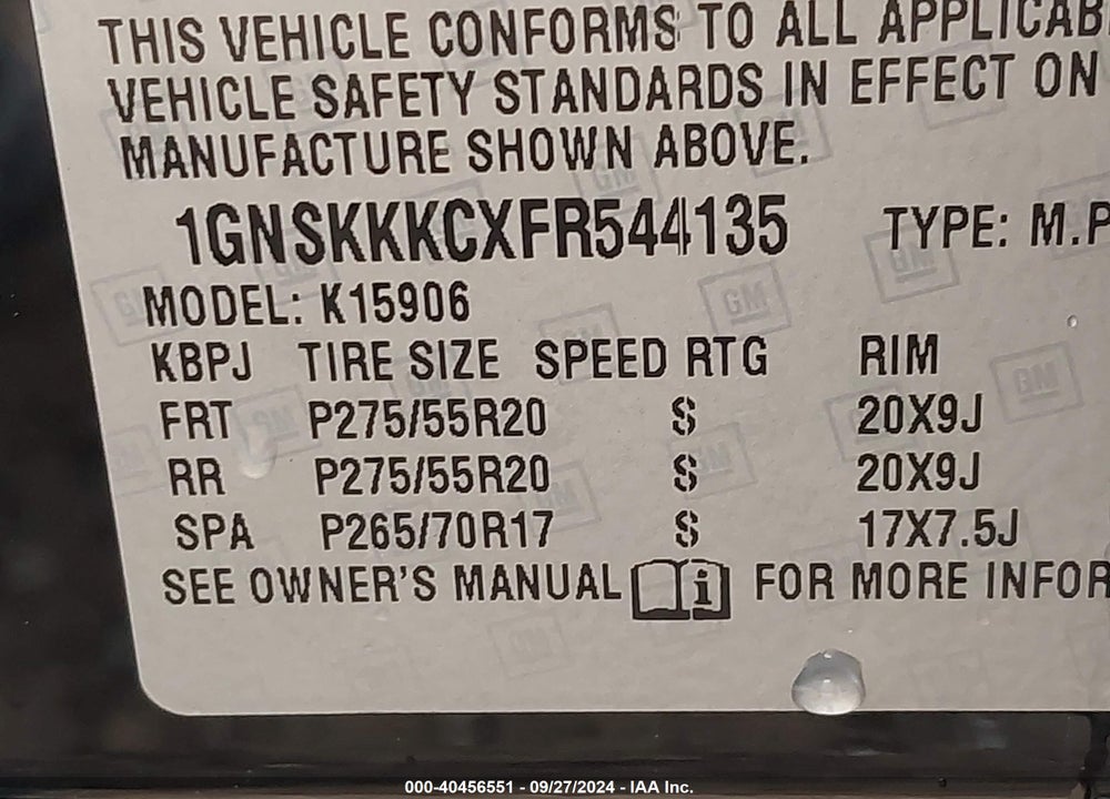 2015 CHEVROLET SUBURBAN 1500 LTZ VIN: 1GNSKKKCXFR544135