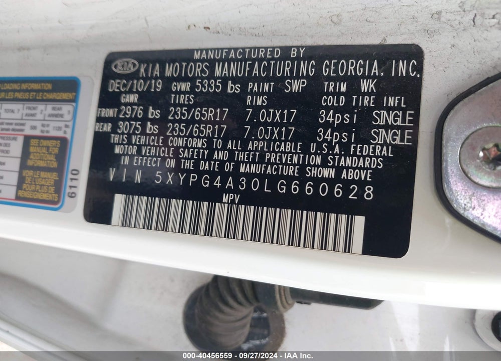 2020 KIA SORENTO 2.4L LX VIN: 5XYPG4A30LG660628