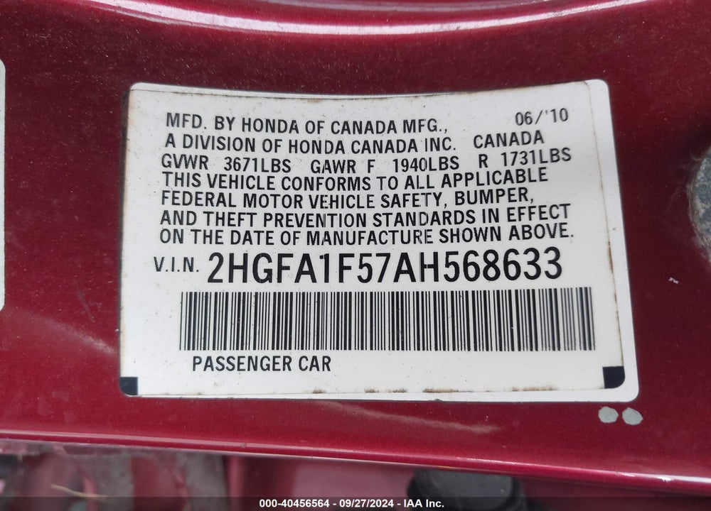 2010 HONDA CIVIC LX VIN: 2HGFA1F57AH568633