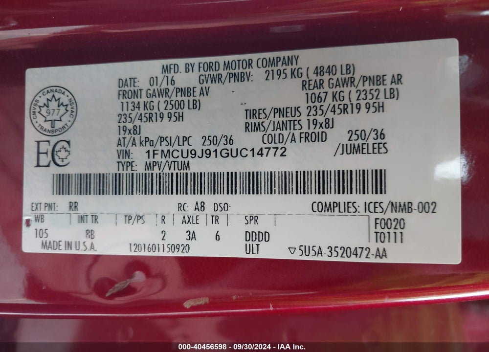 2016 FORD ESCAPE TITANIUM VIN: 1FMCU9J91GUC14772