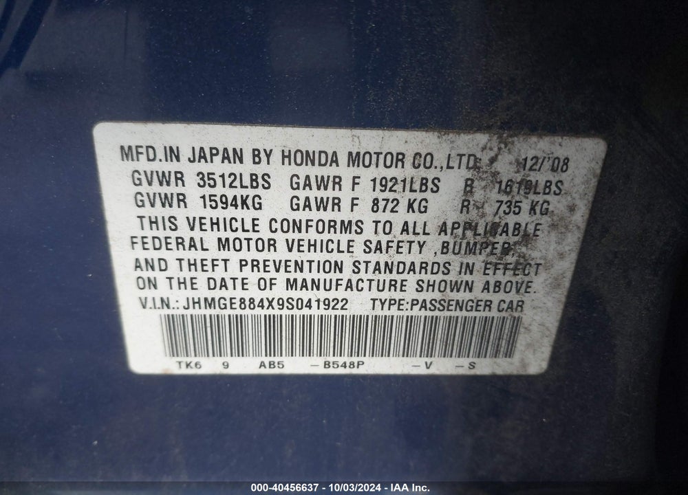 2009 HONDA FIT SPORT VIN: JHMGE884X9S041922