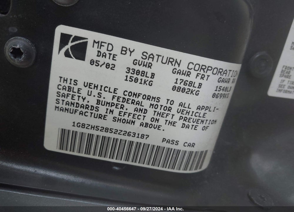 2002 SATURN S-SERIES SL1 VIN: 1G8ZH52852Z263187