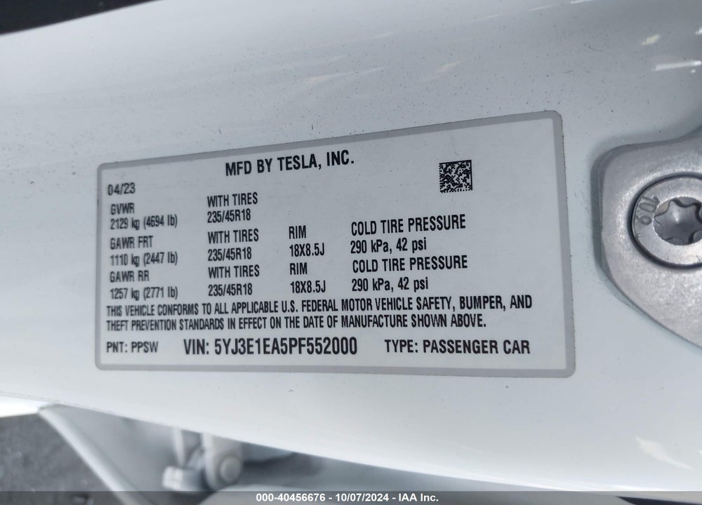 2023 TESLA MODEL 3 REAR-WHEEL DRIVE VIN: 5YJ3E1EA5PF552000