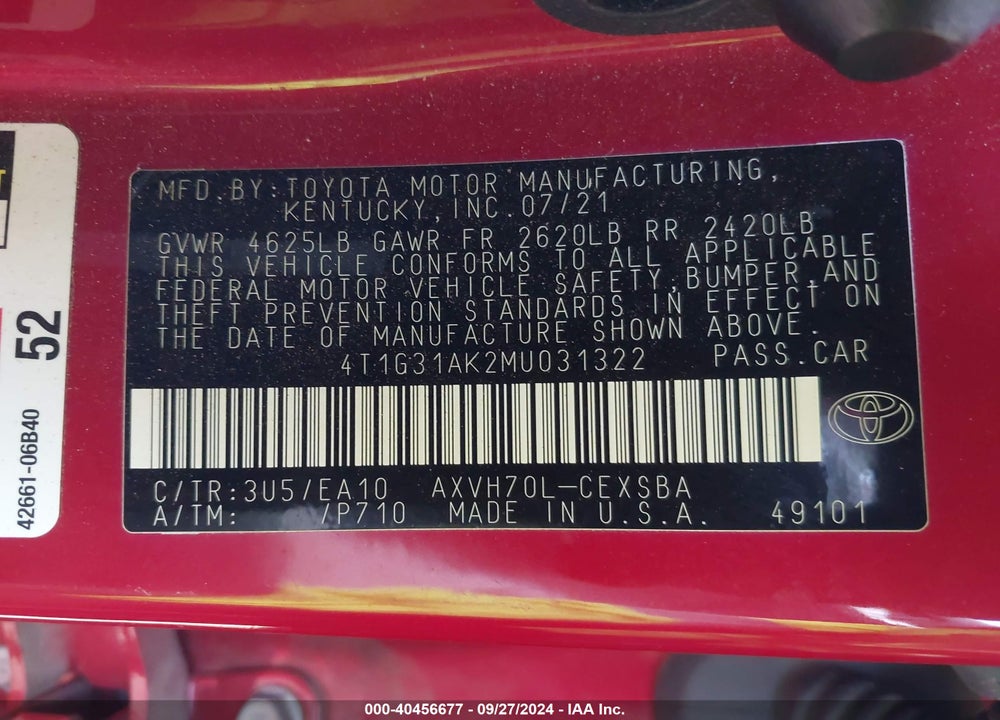 2021 TOYOTA CAMRY SE HYBRID VIN: 4T1G31AK2MU031322
