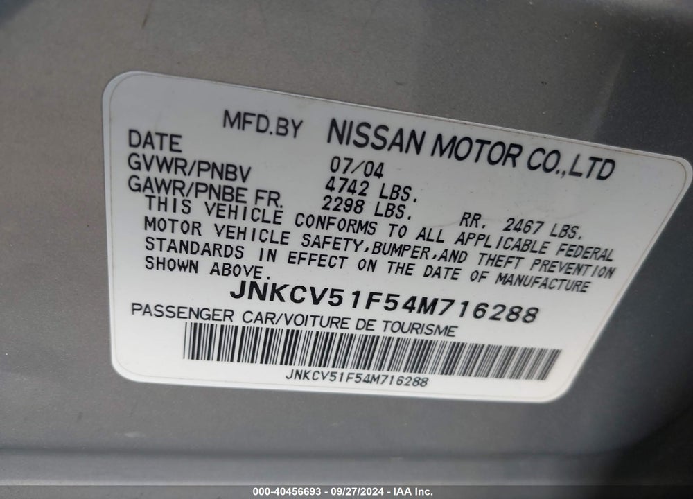 2004 INFINITI G35X VIN: JNKCV51F54M716288