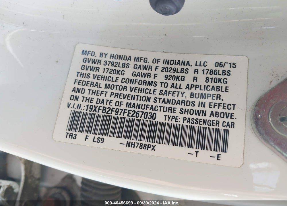 2015 HONDA CIVIC EX-L VIN: 19XFB2F97FE267030