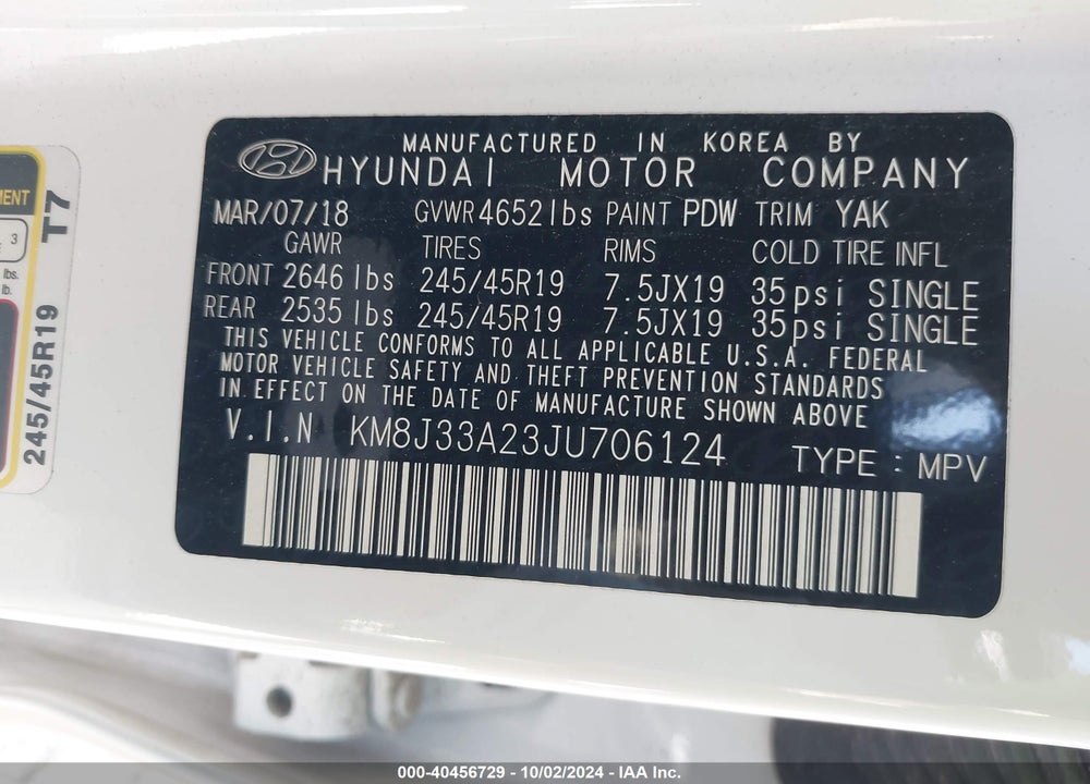 2018 HYUNDAI TUCSON LIMITED VIN: KM8J33A23JU706124