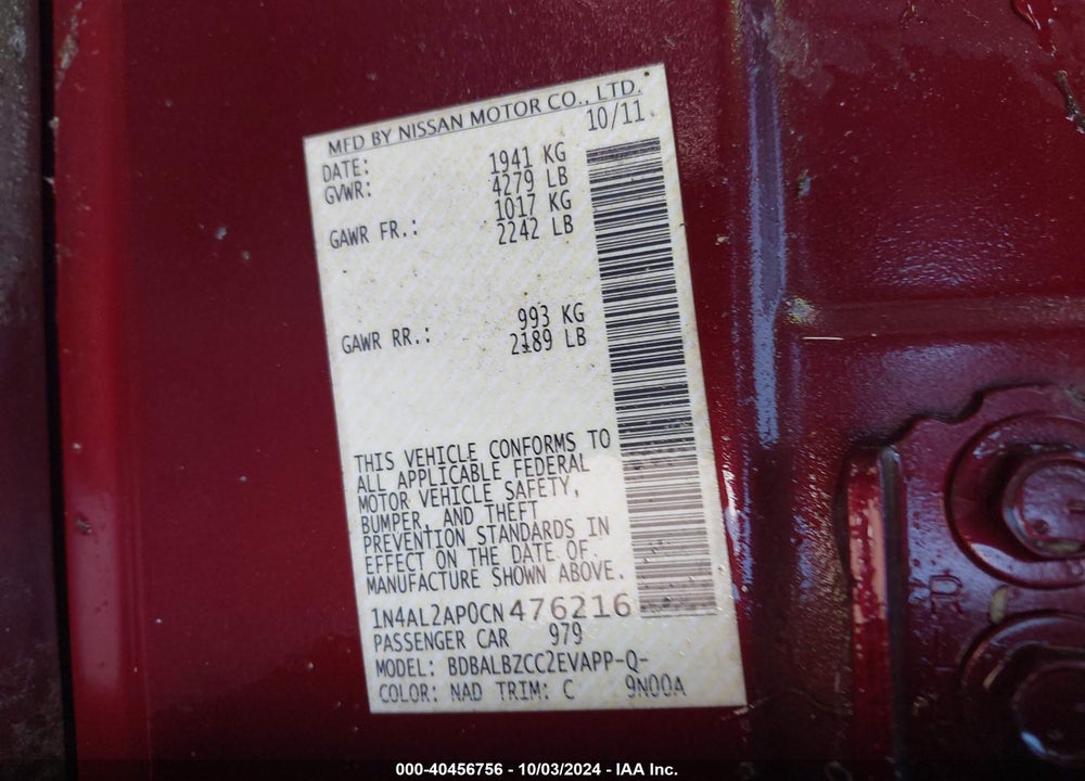 2012 NISSAN ALTIMA 2.5 S VIN: 1N4AL2AP0CN476216