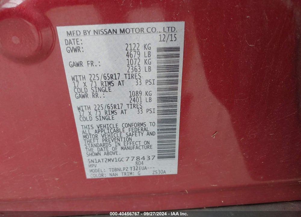 2016 NISSAN ROGUE S/SL/SV VIN: 5N1AT2MV1GC778437