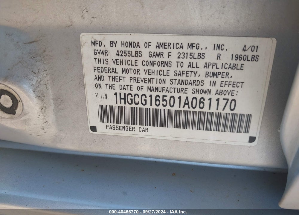 2001 HONDA ACCORD 3.0 EX VIN: 1HGCG16501A061170
