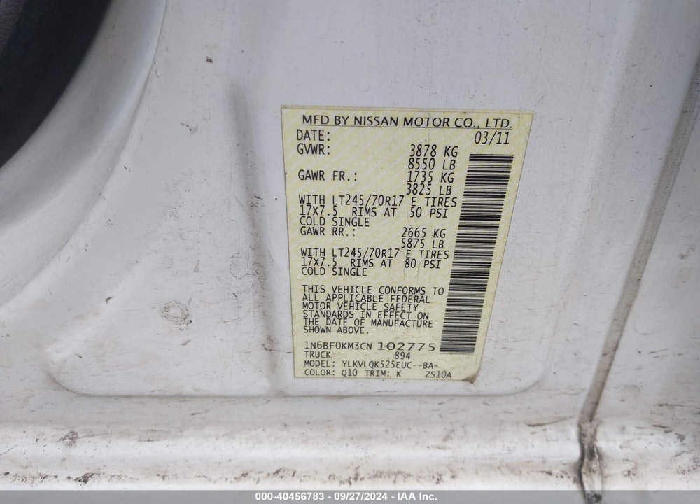 2012 NISSAN NV 1500 NV1500 S V6 VIN: 1N6BF0KM3CN102775