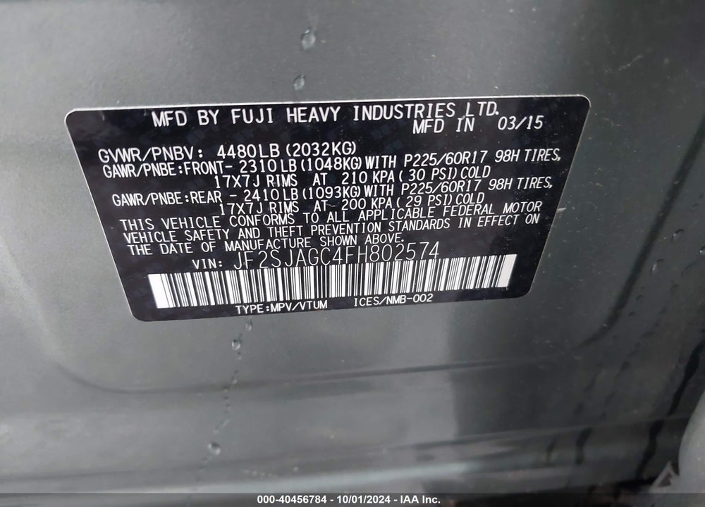2015 SUBARU FORESTER 2.5I PREMIUM VIN: JF2SJAGC4FH802574