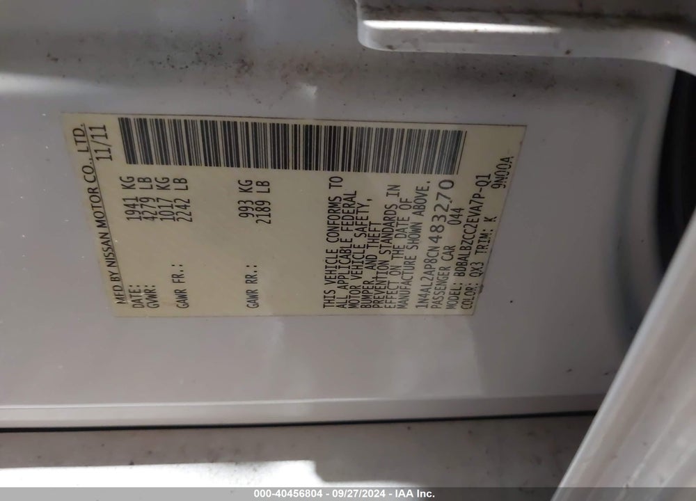 2012 NISSAN ALTIMA 2.5 S VIN: 1N4AL2AP8CN483270