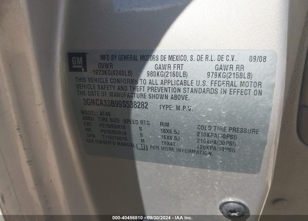 2009 CHEVROLET HHR LS VIN: 3GNCA33B99S538282