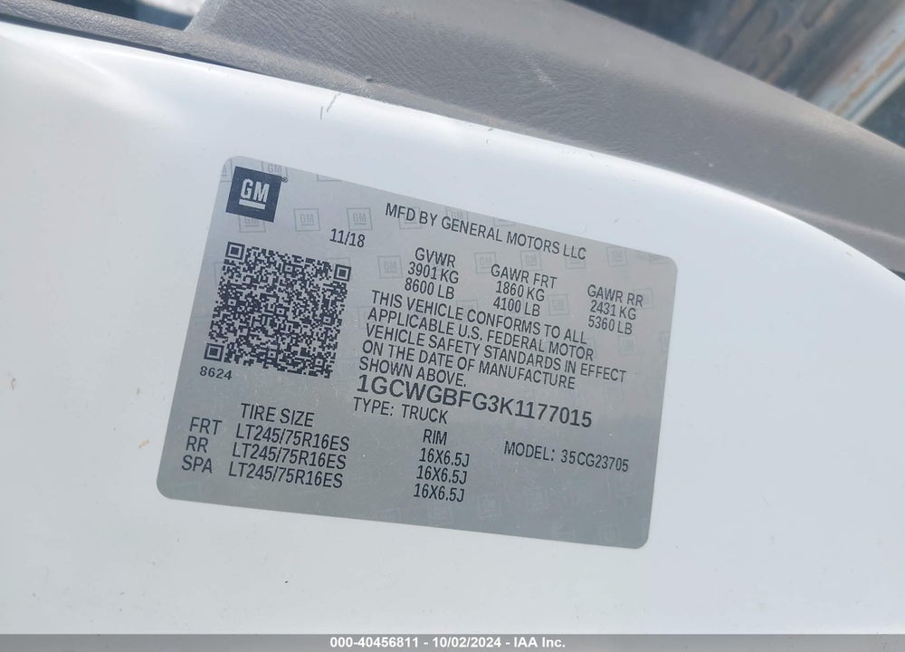 2019 CHEVROLET EXPRESS 2500 WORK VAN VIN: 1GCWGBFG3K1177015