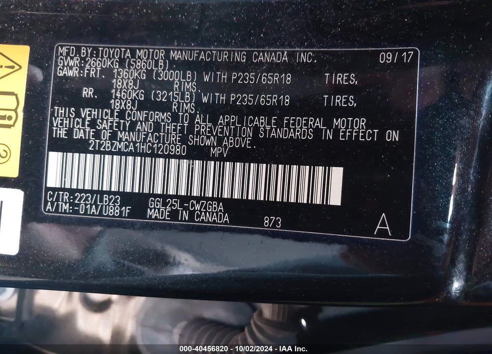 2017 LEXUS RX 350 VIN: 2T2BZMCA1HC120980