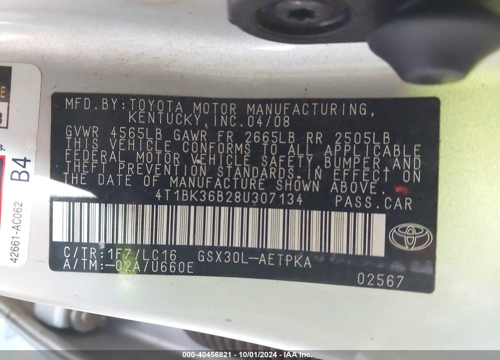 2008 TOYOTA AVALON LIMITED VIN: 4T1BK36B28U307134