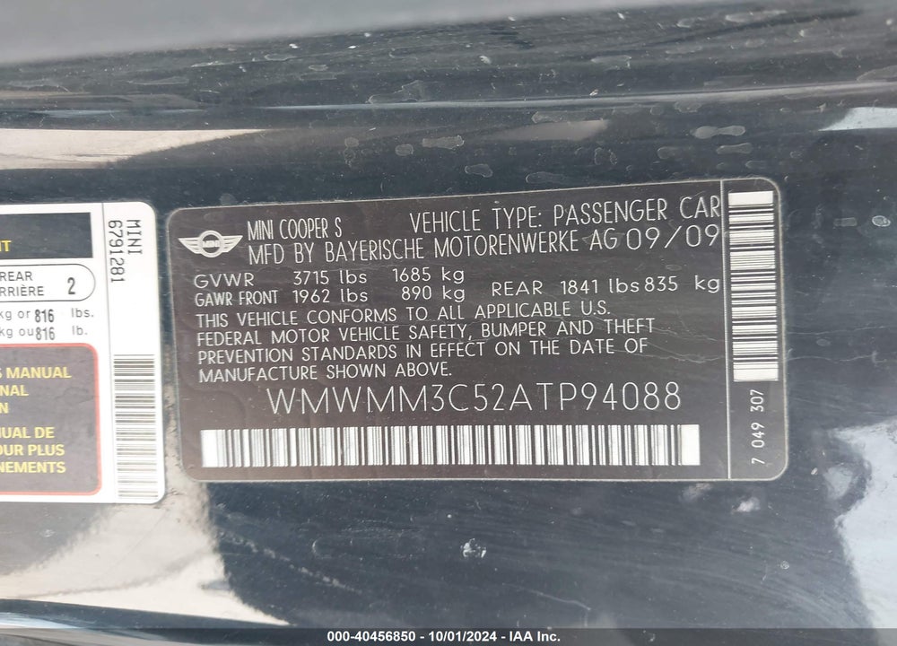 2010 MINI COOPER S CLUBMAN VIN: WMWMM3C52ATP94088