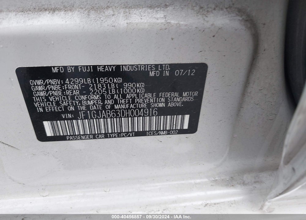 2013 SUBARU IMPREZA VIN: JF1GJAB63DH004916
