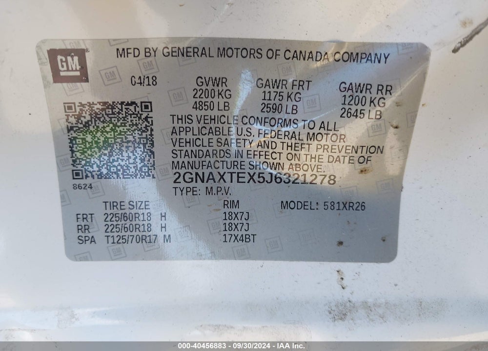 2018 CHEVROLET EQUINOX LT VIN: 2GNAXTEX5J6321278