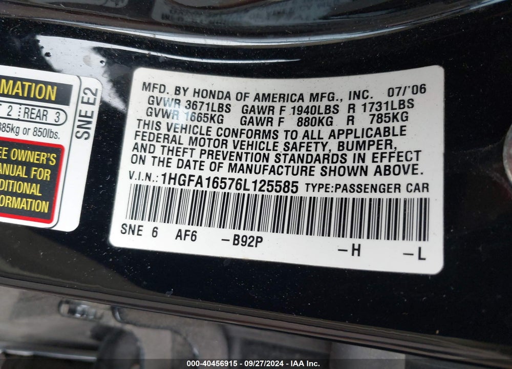 2006 HONDA CIVIC LX VIN: 1HGFA16576L125585