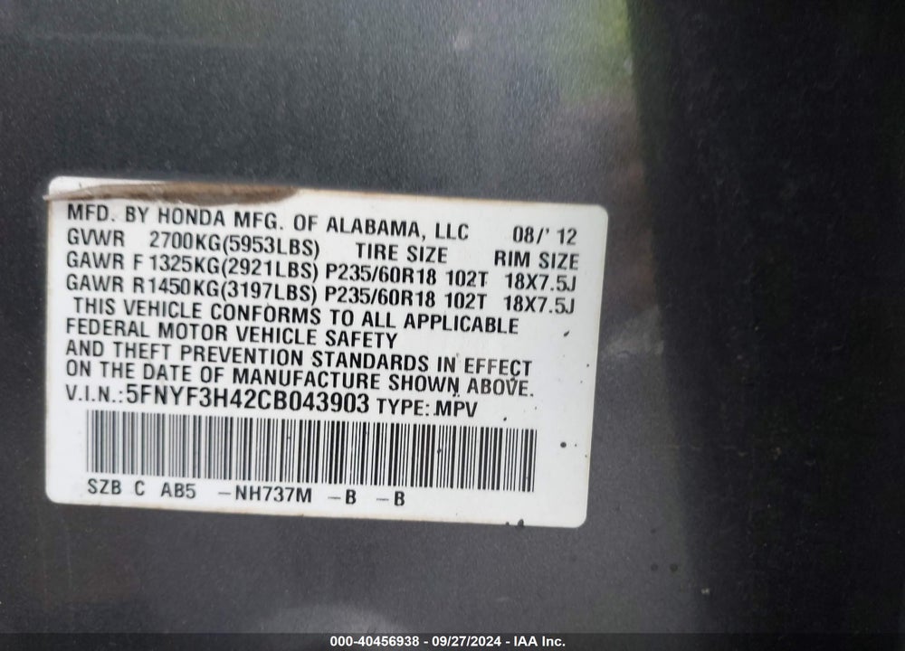 2012 HONDA PILOT EX VIN: 5FNYF3H42CB043903