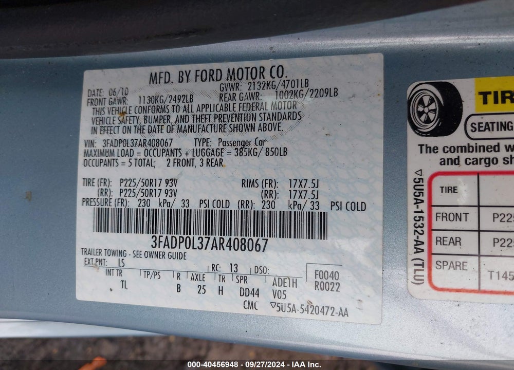 2010 FORD FUSION HYBRID VIN: 3FADP0L37AR408067