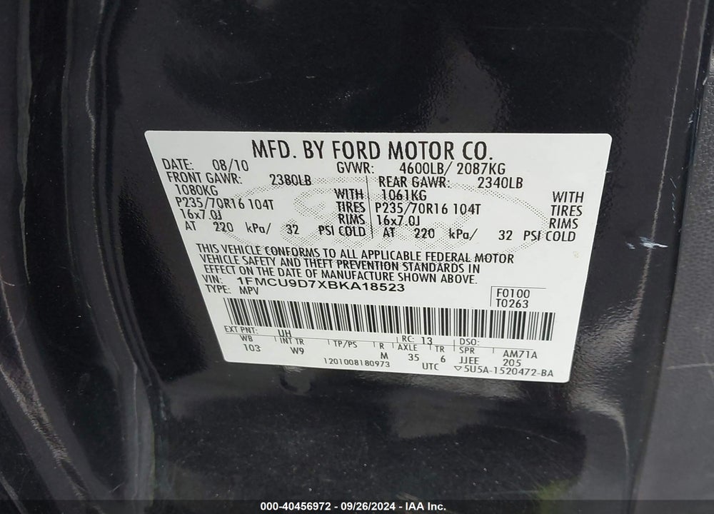 2011 FORD ESCAPE XLT VIN: 1FMCU9D7XBKA18523