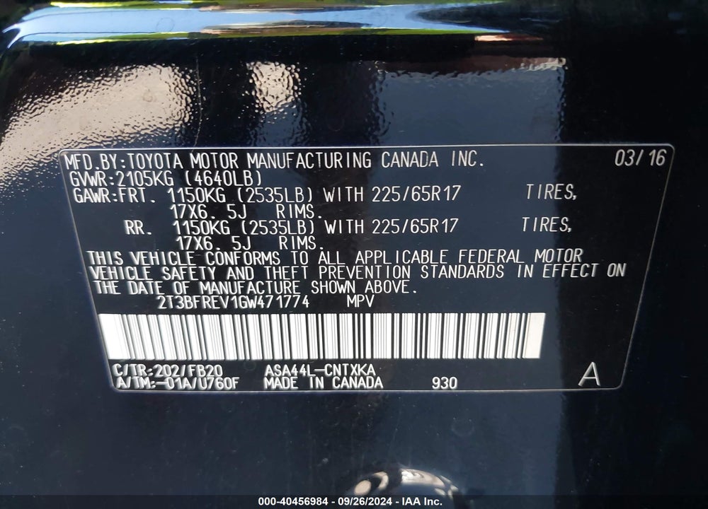 2016 TOYOTA RAV4 LE VIN: 2T3BFREV1GW471774