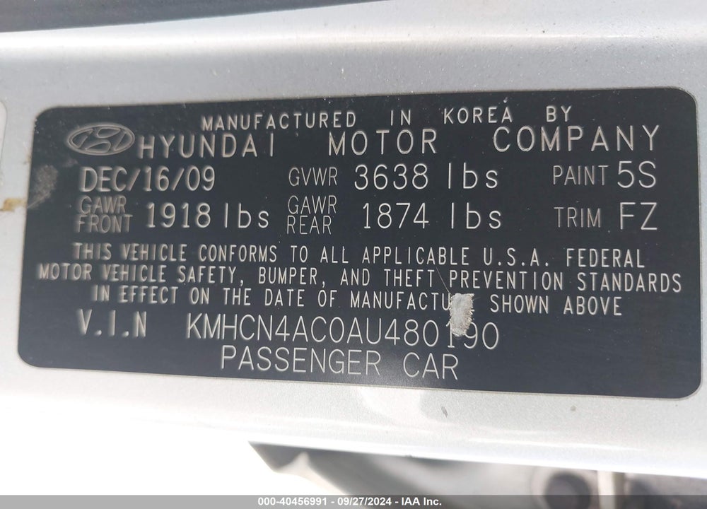 2010 HYUNDAI ACCENT GLS VIN: KMHCN4AC0AU480190