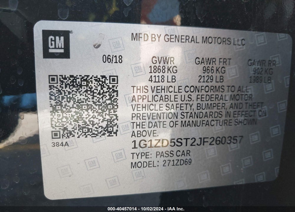2018 CHEVROLET MALIBU LT VIN: 1G1ZD5ST2JF260357